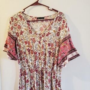 Womens pretty garden maxi length peasant dress white red floral medium